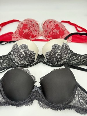 Three Victoria Secret Size 32 B Red/Black Lined Demi Underwire Brass