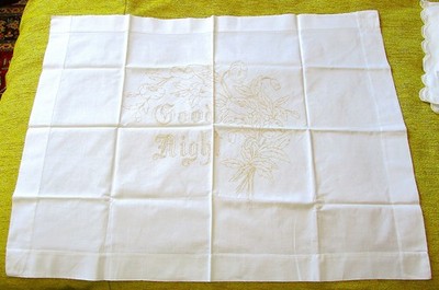 Antique Pillow Lay Over Sham Embroidered Good Night Poppy Flowers     j145