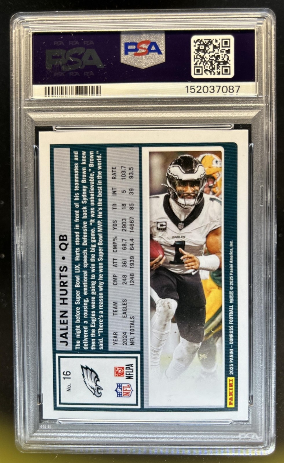 2025 Panini Donruss Jalen Hurts Press Proof Blue #16 Eagles PSA 9 view 2