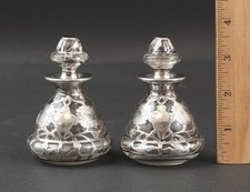 Antique Matthews Art Nouveau 999 Fine Silver Overlay Blown Glass Perfume Bottles