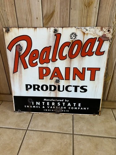 Vintage Realcoat Paint Products 30”x28” Porcelain 2 Sided Sign RARE!!