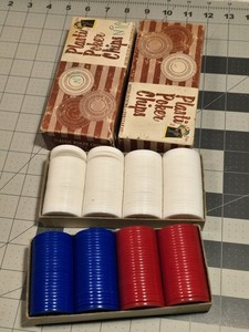 Antique Poker Chip Set X2. A Box Of White And A Box Of Half Red/Blue