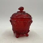 Vintage Jeanette "Harvest Grape" Red Flashed Glass Footed Covered Candy Dish