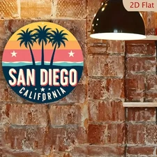 2D Flat, 1pc San Diego California Sunset Round Aluminum Wall Art Sign 8x8 Inch -