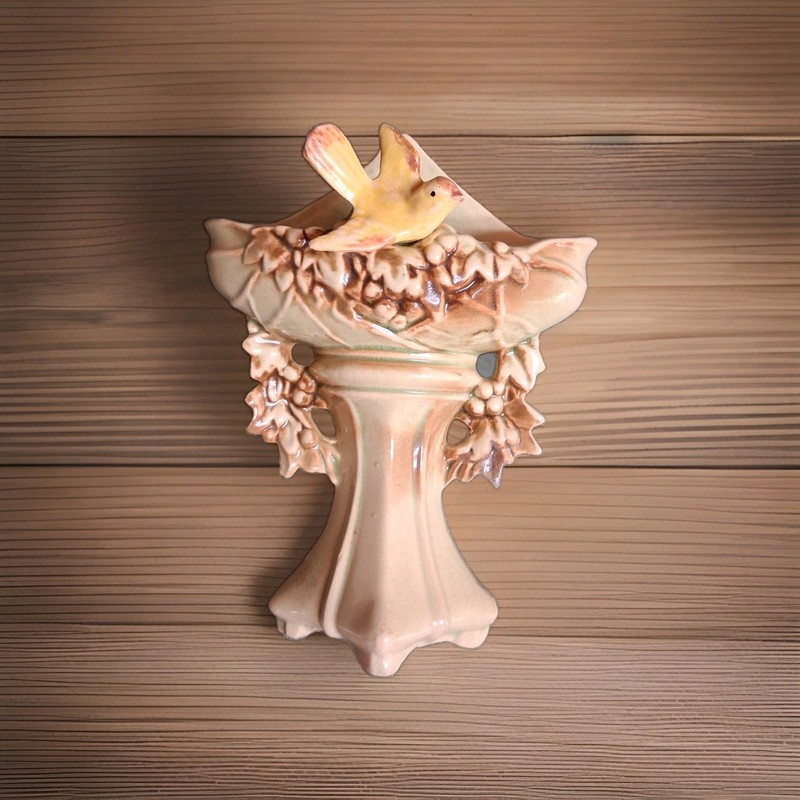 Vintage McCoy USA Pottery Wallpocket with Yellow Bird on a Bird Bath  1949