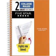 Five Star Spiral Notebook, 2 Subject, College Ruled Paper, 6" x 9-1/2", 80 Sheet
