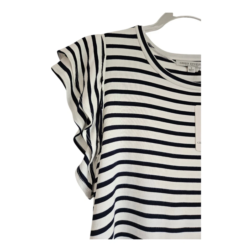 Nuevo con etiquetas Sobre Verde Para Mujer S Top Negro Blanco Rayas S/S Mangas Elásticas Flutter Foto 3 de 4