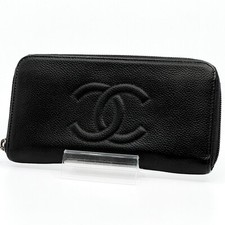 CHANEL Coco Mark Round Zipper Long Wallet Black Caviar Skin Authentic