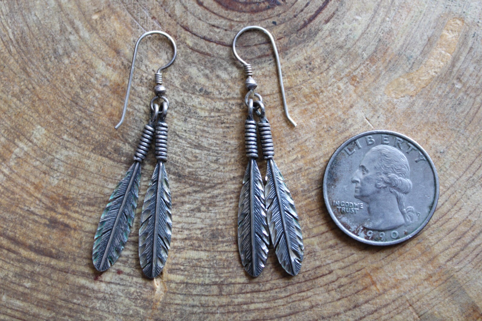 Sterling Silver Double FEATHERS Dangle Earrings N… - image 2
