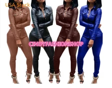 USA Women Faux Leather 2 PC Outfit  Button UP Long Sleeve Jackets +Pencil Pants