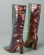 Women Fashion Shiny Sequins Mid Calf Boots Chunky Heel Pump Shoes Party Boots