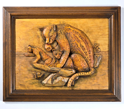 VTG 1970s Carved Cheetah & Cubs Maple Wood Bas-Relief Art Sculpture Wall Hanging