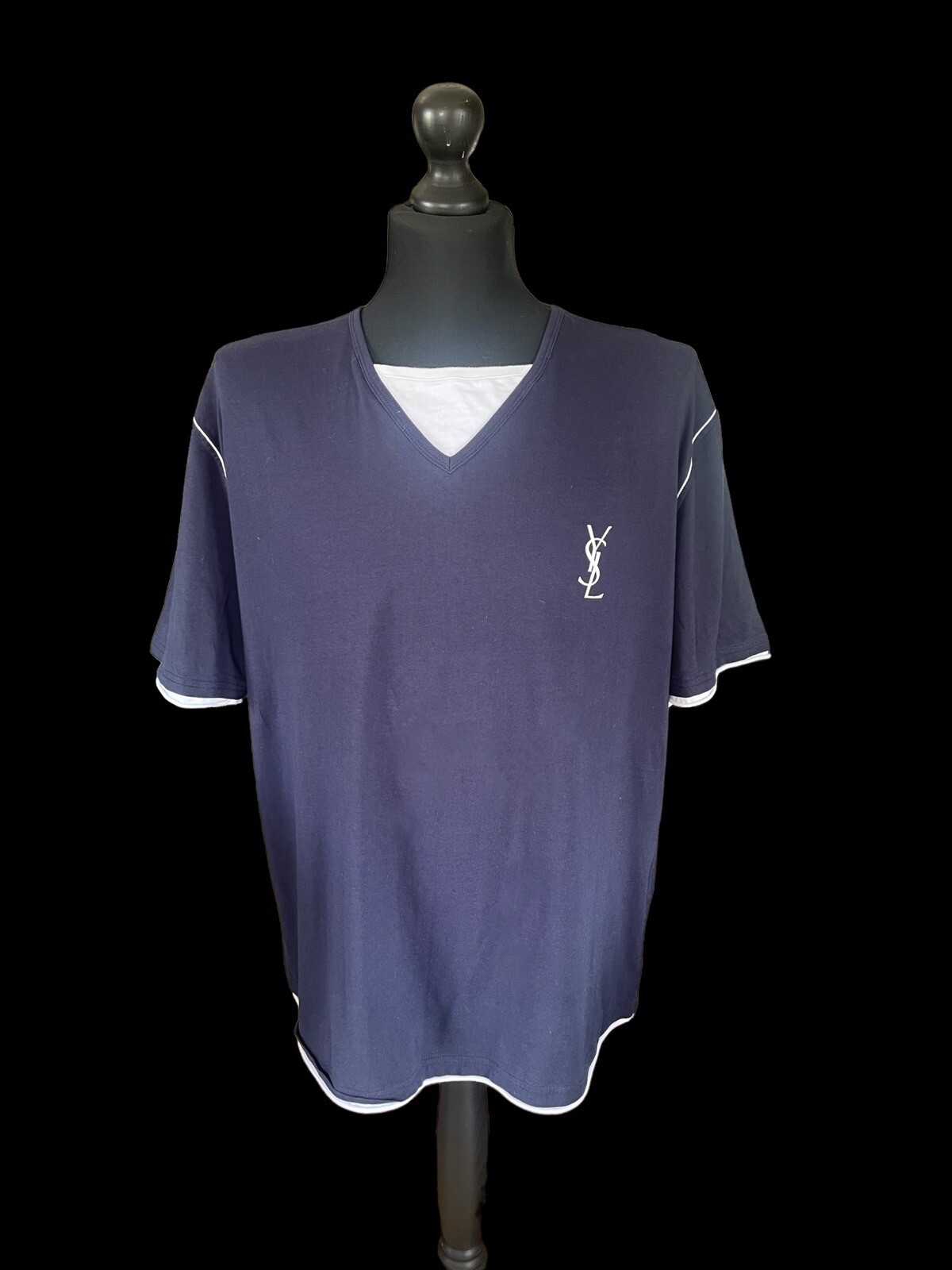 Maglietta da uomo Yves Saint Laurent grande blu navy logo YSL vintage a tema nautico Y2K