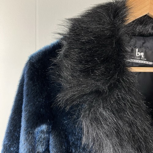 Blanc Noir Outerwear Faux Fur Coat Jacket Blue & Black Mid Length Size Small - Picture 4 of 9