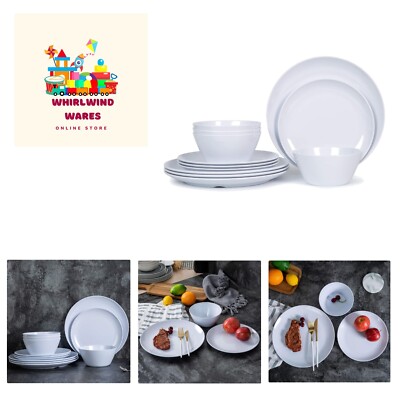 Melamine Dinnerware Set 12pcs Plates and Bowls Set for 4, Indoor