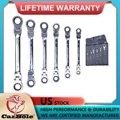 6Pc Double Box End Ratcheting Wrench Flex-Head Extra Long Spanner SAE Metric Set