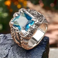 Aquamarine Emerald Cut Gemstone With 925 Sterling Silver Ring For Men's #157