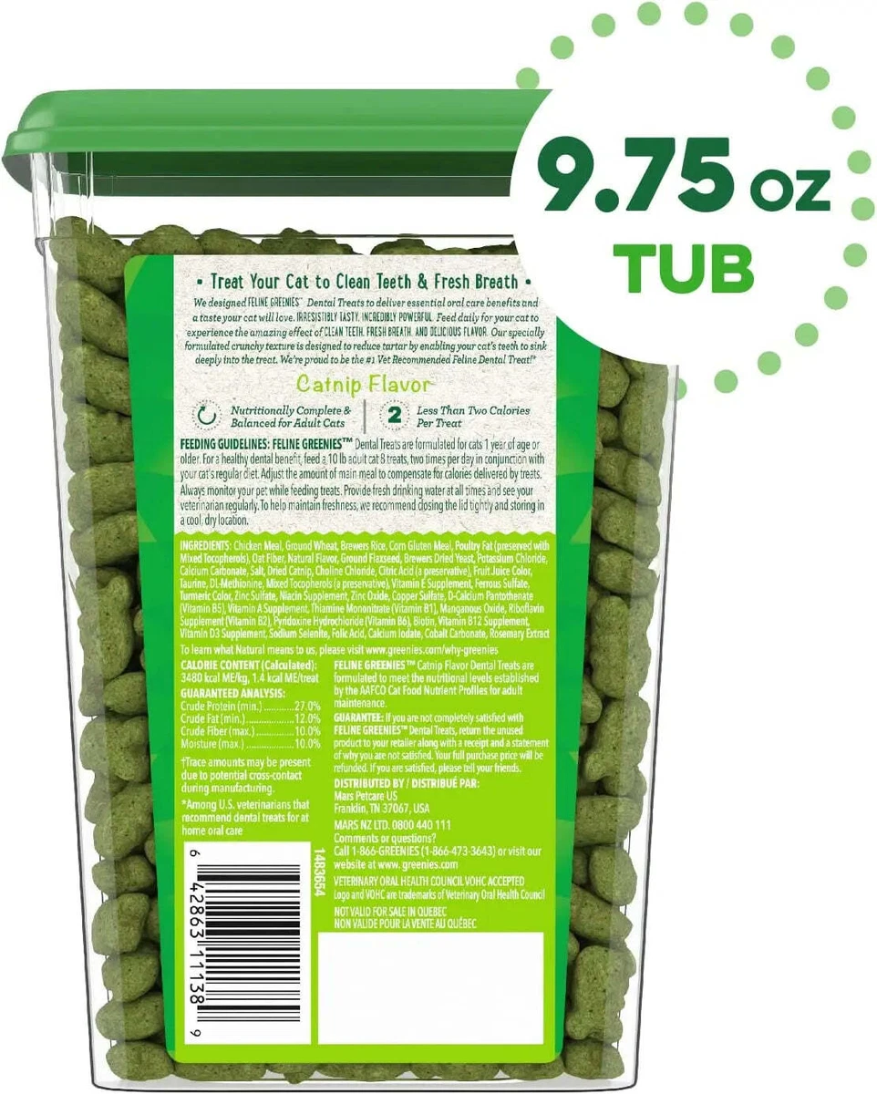 Feline Greenies Adult Dental Cat Treats Catnip Flavor 9.75 oz