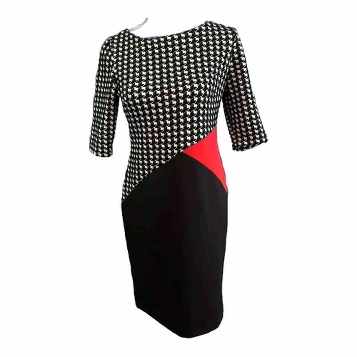 Sandra Darren FLATTERING Stretch Knit Dress Black White Houndstooth Sz 6 EUC