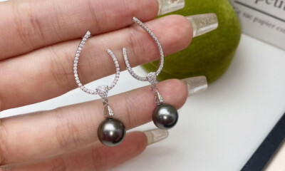 gorgeous stunning 9-10mm tahitian round black green pearl dangle earring 925s