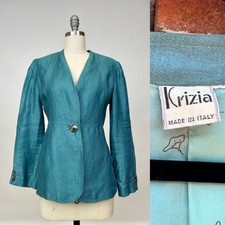Vintage 1980s Designer Krizia Blazer Teal Silk And Abalone Buttons