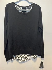 AB Studio Women’s Long Sleeve Pullover Black With Graphic Print XL New