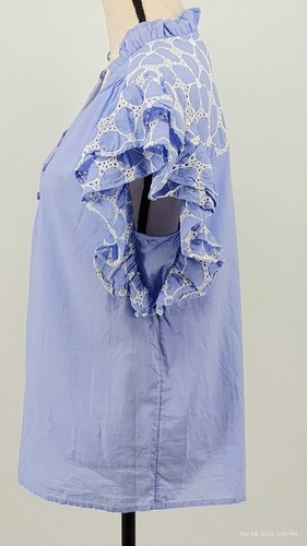 NEW Mira Eyelet Embroidery Flutter Ruffle Popover Top Blouse Blue 100% Cotton L - Picture 13 of 24