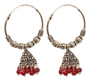 Ethnic Oxidized Silver Red Pearl Indian Hoop Jhumka ...