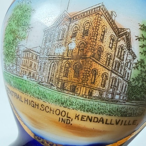 KENDALLVILLE INDIANA Antique HIGH SCHOOL Souvenir Cobalt China Trinket VASE