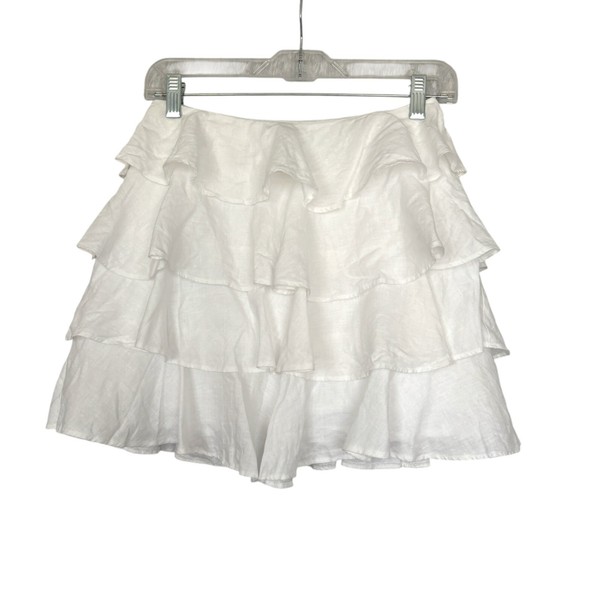 By Nicola Womens 6 Linen Tiered Ruffle Rara Mini Skirt White Boho Fairy Coquette