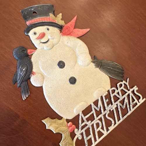 Vintage German Die Cut Embossed Cardboard “A Merry Christmas” Snowman & Crow 9” - Picture 5 of 7