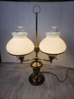 Vintage Brass Double Arm Student Lamp 3 Way Hurricane Milk Glass