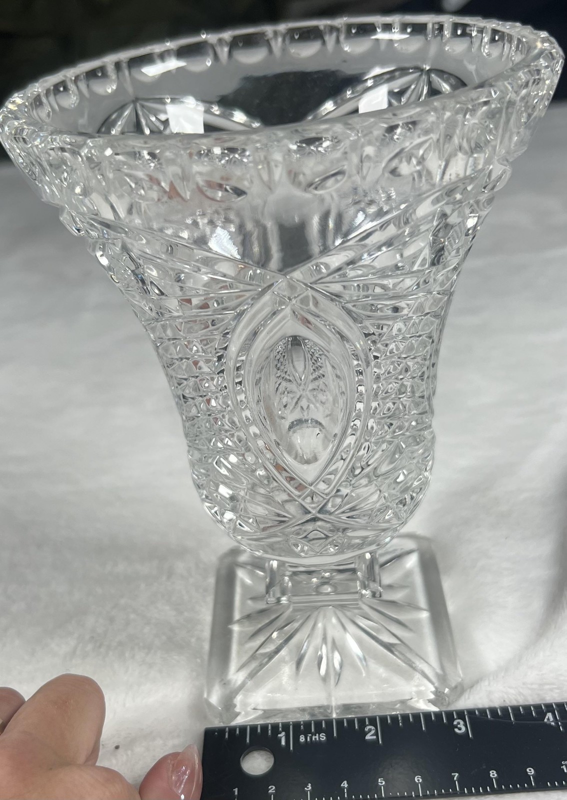 Cut Glass Crystal Pedestal Bud Vase Clear Scalloped Rim Starburst Square Base