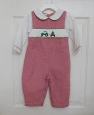 NWT Petit Ami Red Check Smocked Tractor Christmas Tree Romper sz  12 Mos