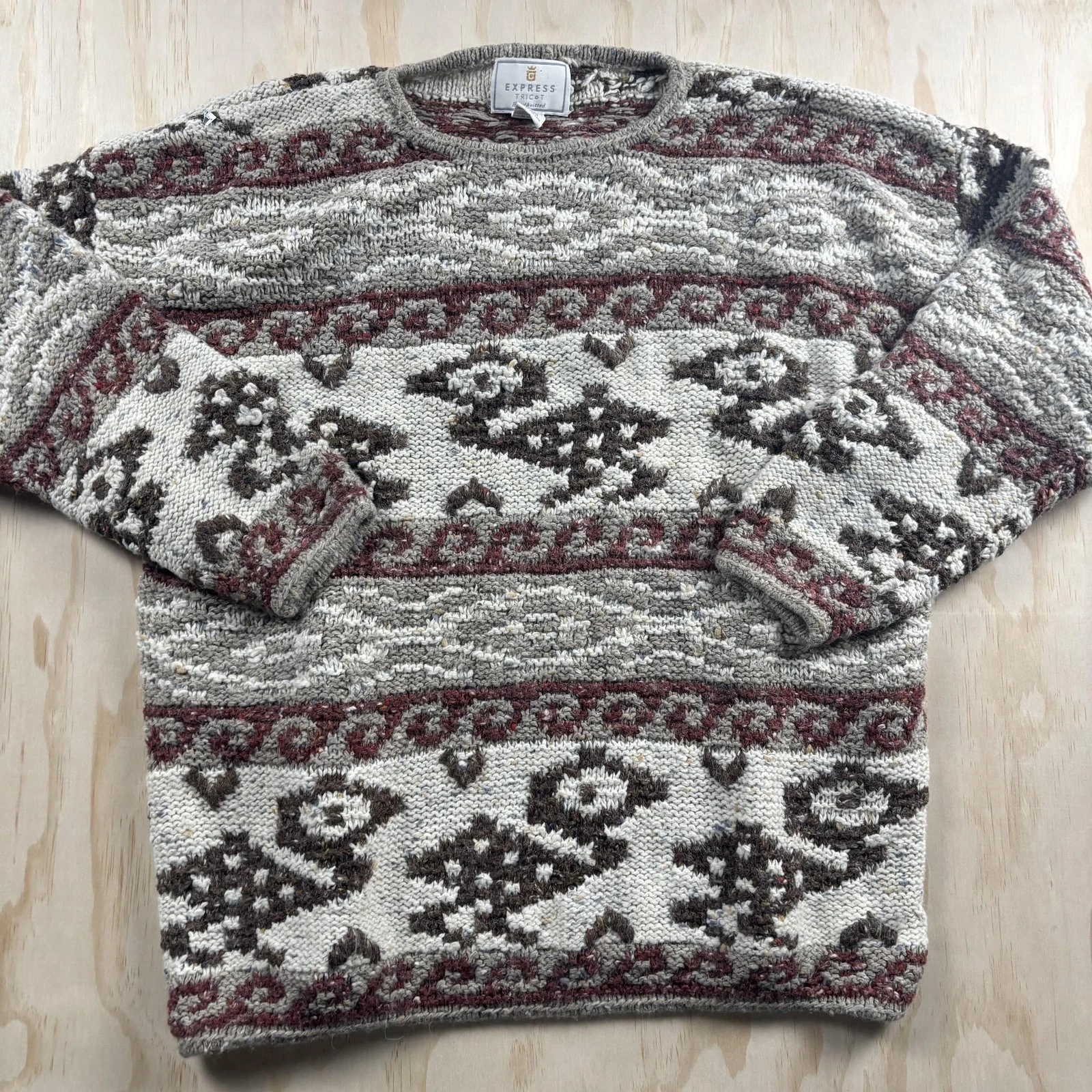 Express Sweater Mens Large Beige Fair Isle Bird Crewneck Chunky Knit Wool
