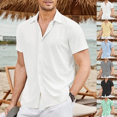 Men Short Sleeve Single Breasted Turn Down Collar Shirt Button Casual Blouse Top