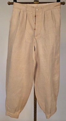 ANTIQUE 1920'S LINEN PANTS W BUTTON FLY + BUCKLE BOTTOM CUFFS SIZE