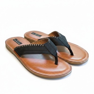 Pete Huntington Mens Handcrafted Leather Flip Flop Sandals Black Tan Size 10