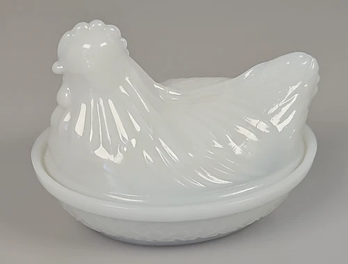 Vintage Milk Glass HEN on NEST Covered Dish Trinket Butter Dish