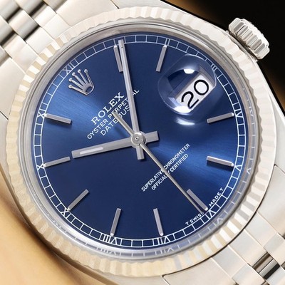 Rolex Herren Datejust 16014 Ziffernblatt Blau 18K Weiß Gold Stahl Jubilee Band