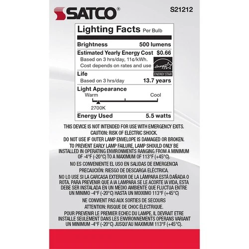 Satco 5.5-Watt LED E12 Light Bulb, 2700K, 15000 Hour Rating, Dimmable - Picture 5 of 5