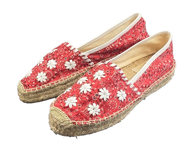 Jack Rogers Palmer Espadrilles Womens Size 9 Red w/White Leather Flowers EXC