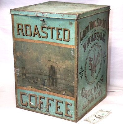 Brooklyn Bridge 1880s Tin Coffee Store Bin 19'' Antique Can Albert Wing Albany NY