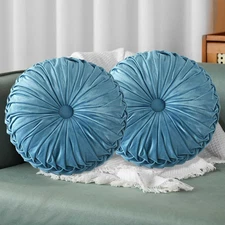 Set of 2 Dusty Blue Ruched Velvet round Throw Pillows – 14.5’’ Decorative Pillow