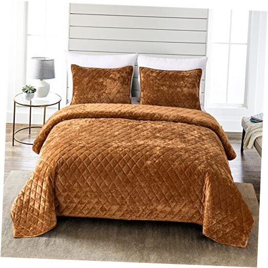 Distressed Velvet Quilt Set, 3 Pieces Distressed Velvet Queen Caramel Gold