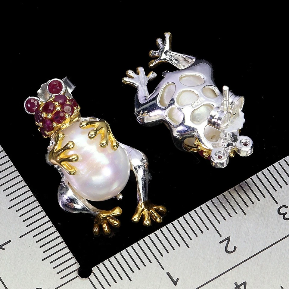 925 Sterling Silver Earrings Round Ruby Pearl Natural Gemstone Natural Jewelry - Image 3 of 4