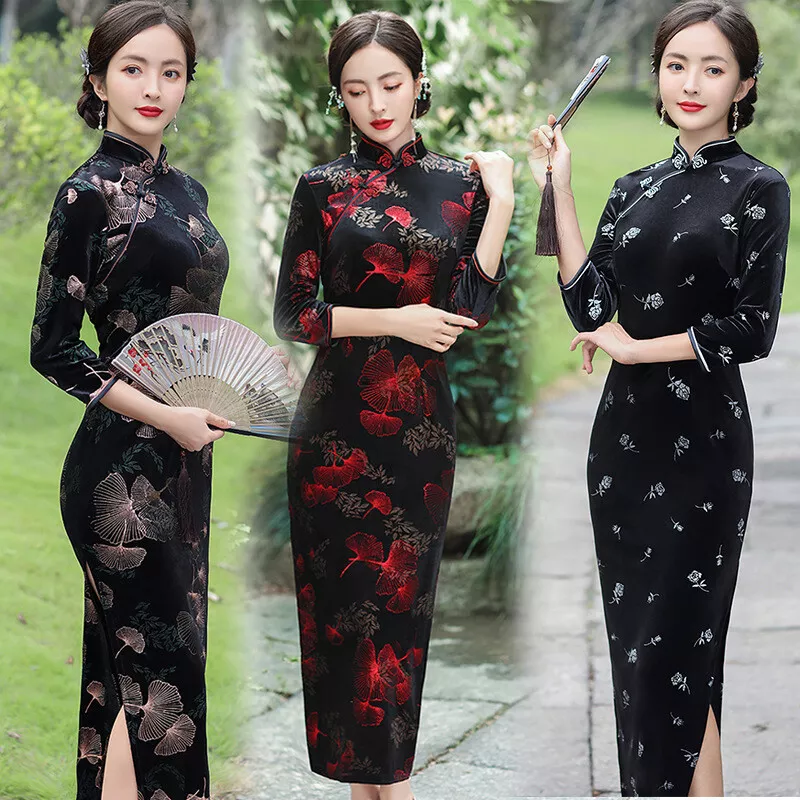 Women Chinese Evening Party Qipao Dress Stretch Velvet Long
