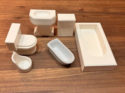 Lot/6pc VTG  Dollhouse Bathroom Set Different Scales, Wood Porcelain And Plastic