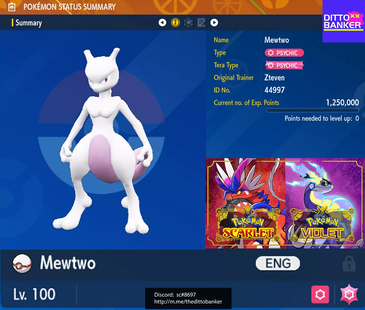 Pokemon Scarlet/Violet MEWTWO Lv.100 LEGENDARY 6IV Timid w/ Masterball