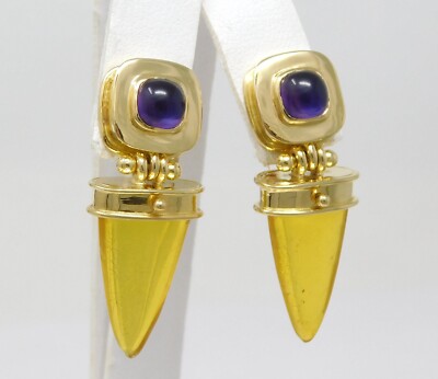Paar Ohrhänger 17 kt & 14 kt Gelbgold Amethyst & Bernstein B6352